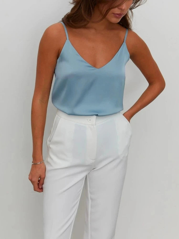 Women's V Neck Satin Silk Blend Camisole with Thin Shoulder Straps
