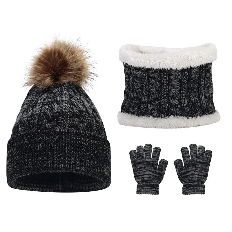 Children's Mixed-Colour Knitted Hat Scarf and Gloves Set for Winter Wear