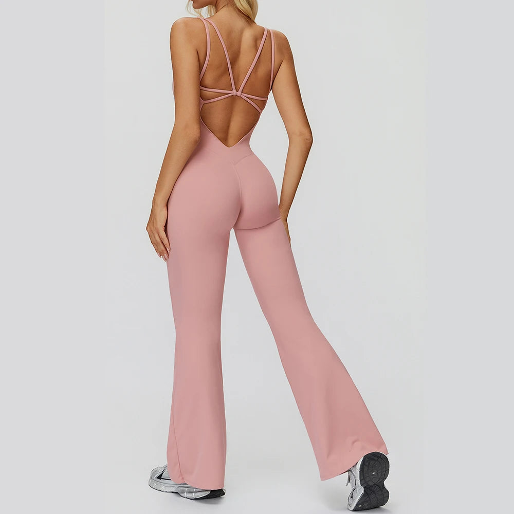 Women's Cross Back Polyester Blend Flared Workout Jumpsuit with Multiple Straps