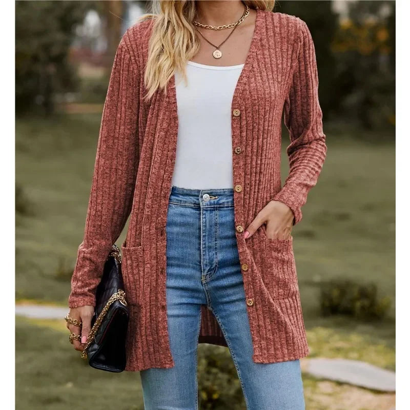 Women's Long Ribbed Button Front Cardigan Casual Knit Layer