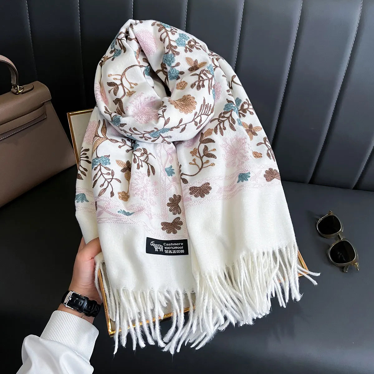 Patterned Fringed Scarf with Decorative Floral Embroidery Design