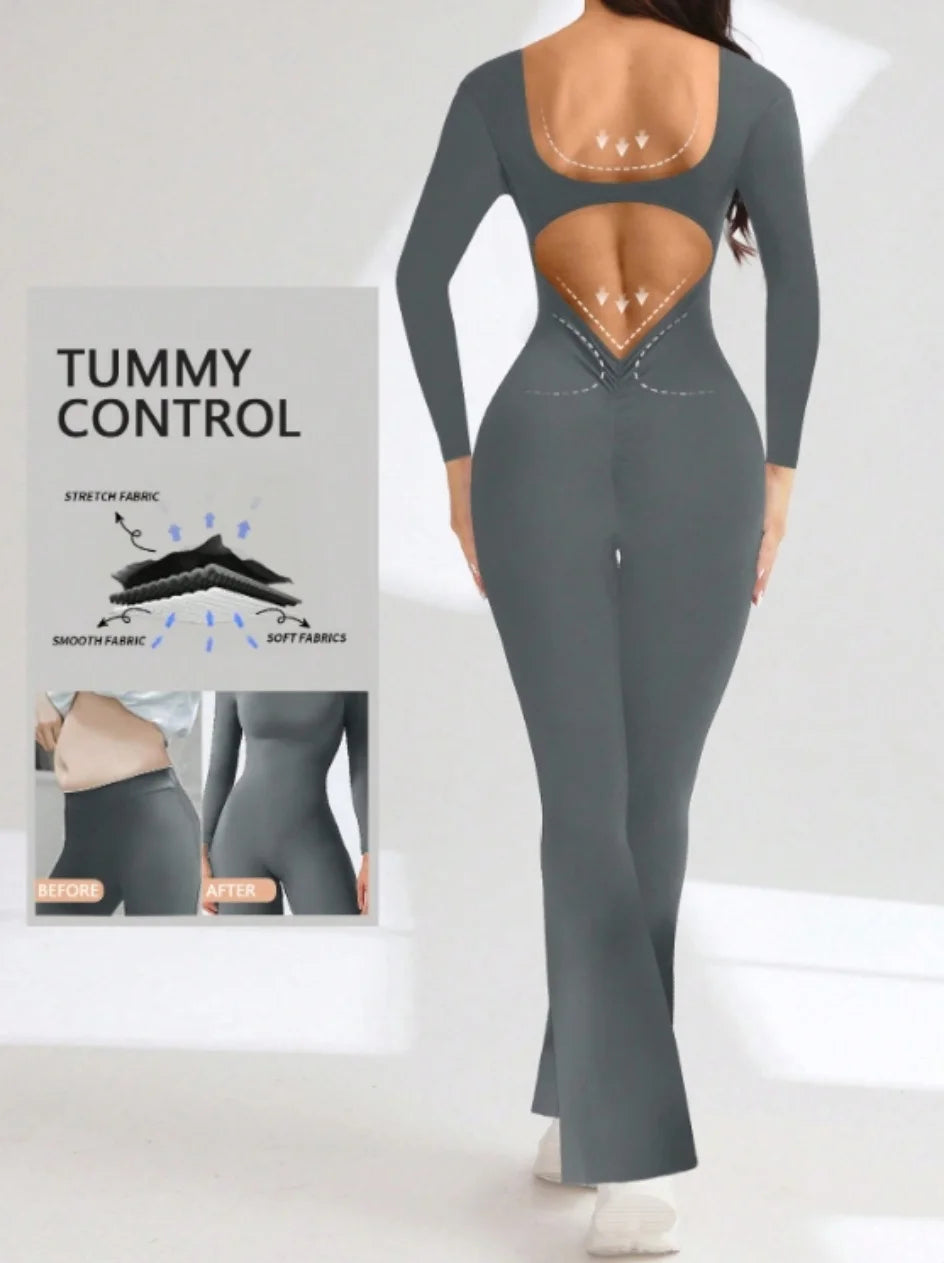 Women's Long Sleeve Nylon Blend Flared Workout Jumpsuit with Double Back Cutouts