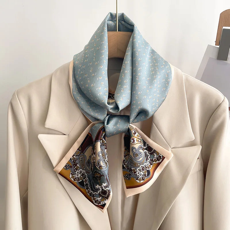 Printed Long Narrow Scarf with Decorative Ribbon Shape