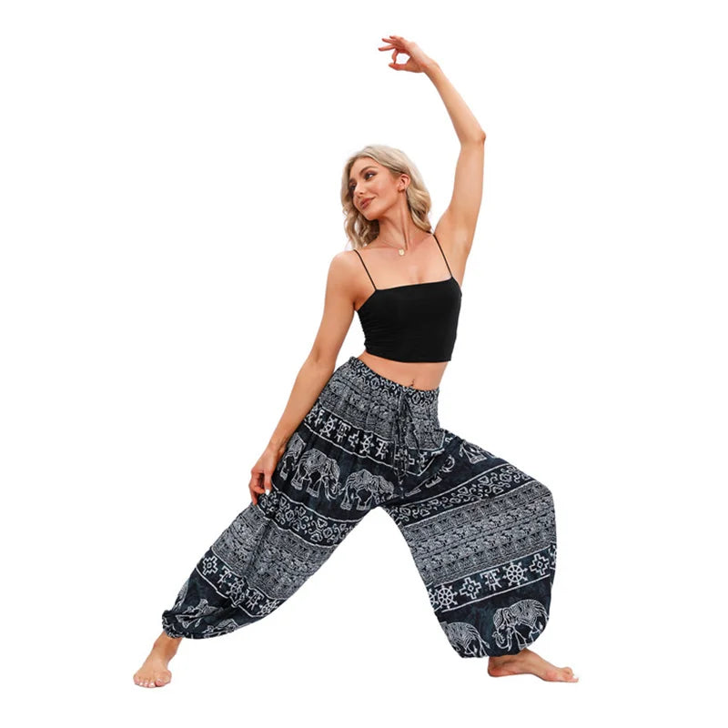 Women's Printed Rayon Harem Pants with Elastic Waist and Loose Gathered Legs