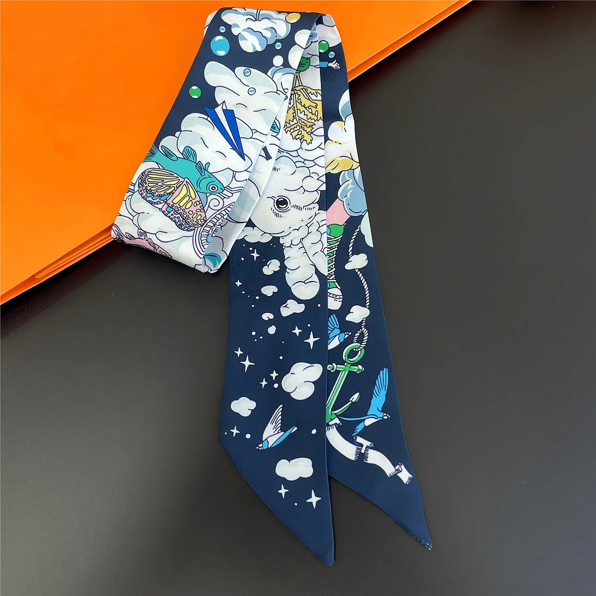 Colorful Printed Skinny Ribbon Scarf with Tie Ends