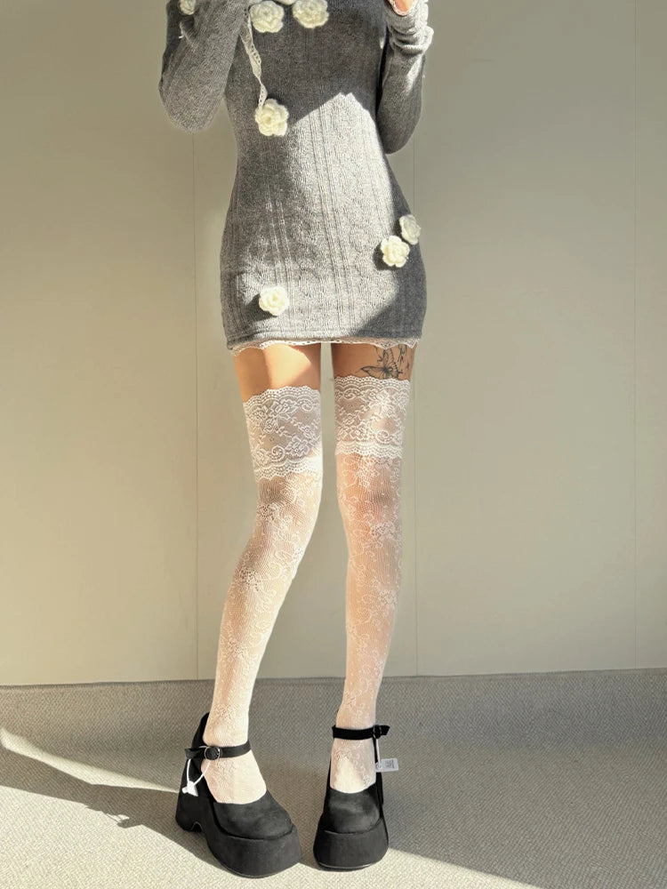 Floral Lace Thigh High Stockings with Decorative Cuffs