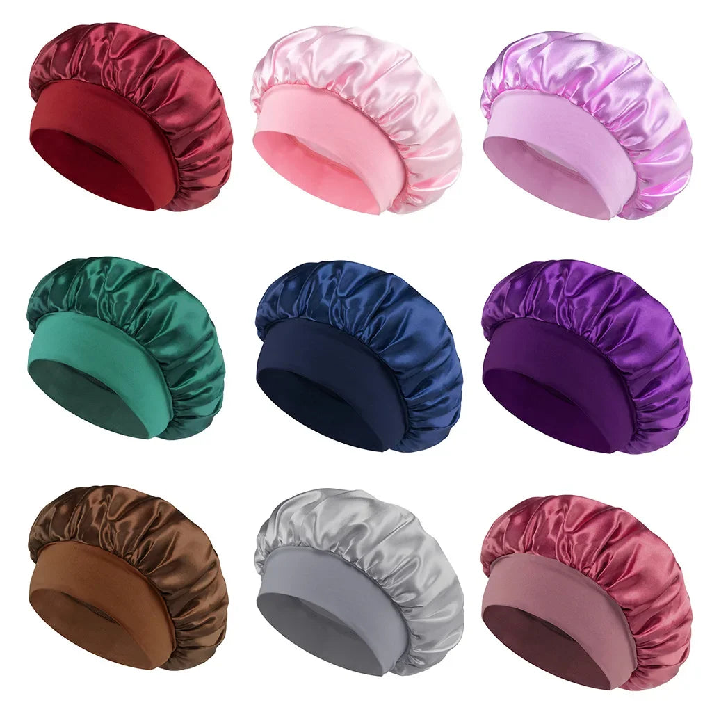 Women's Satin Sleep Bonnet with Wide Elastic Band and Color Options