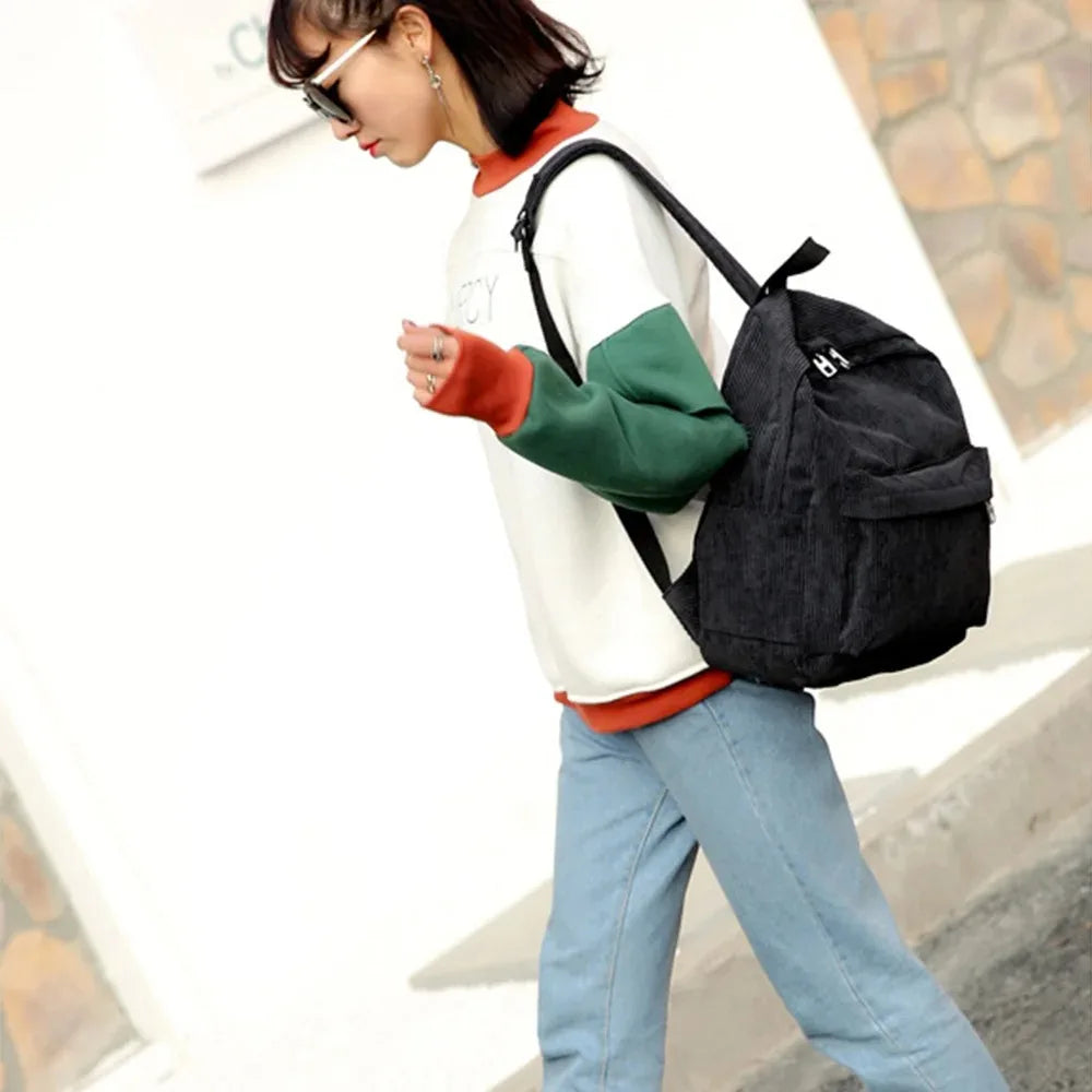 Corduroy Backpack with Front Zipper Pocket and Twin Shoulder Straps