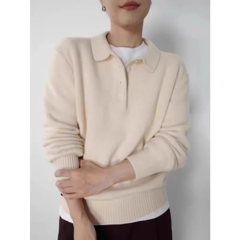 Elegant POLO semi-open neck 100%wool knitted sweater women loose long-sleeved base sweater autumn and winter