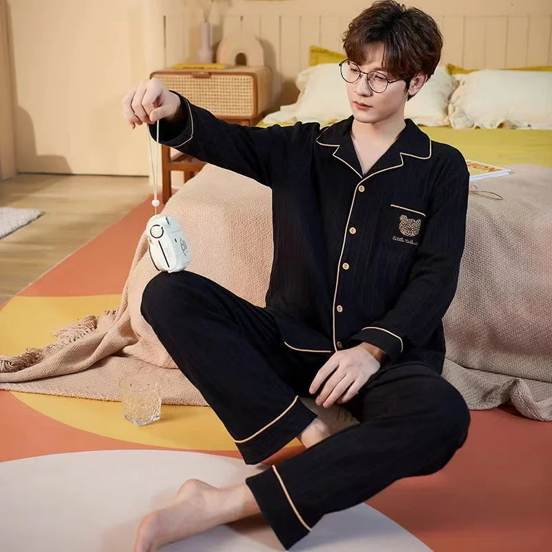Men's Printed Button Front Long Sleeve Shirt and Pants Pajama Set