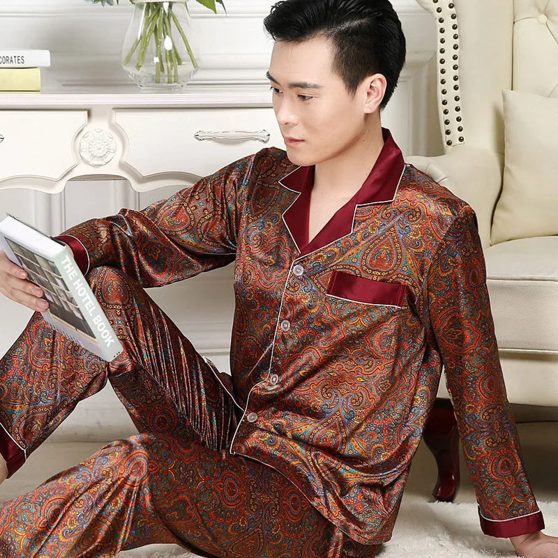 Men's Printed Lapel Button Front Shirt and Pants Pajama Set