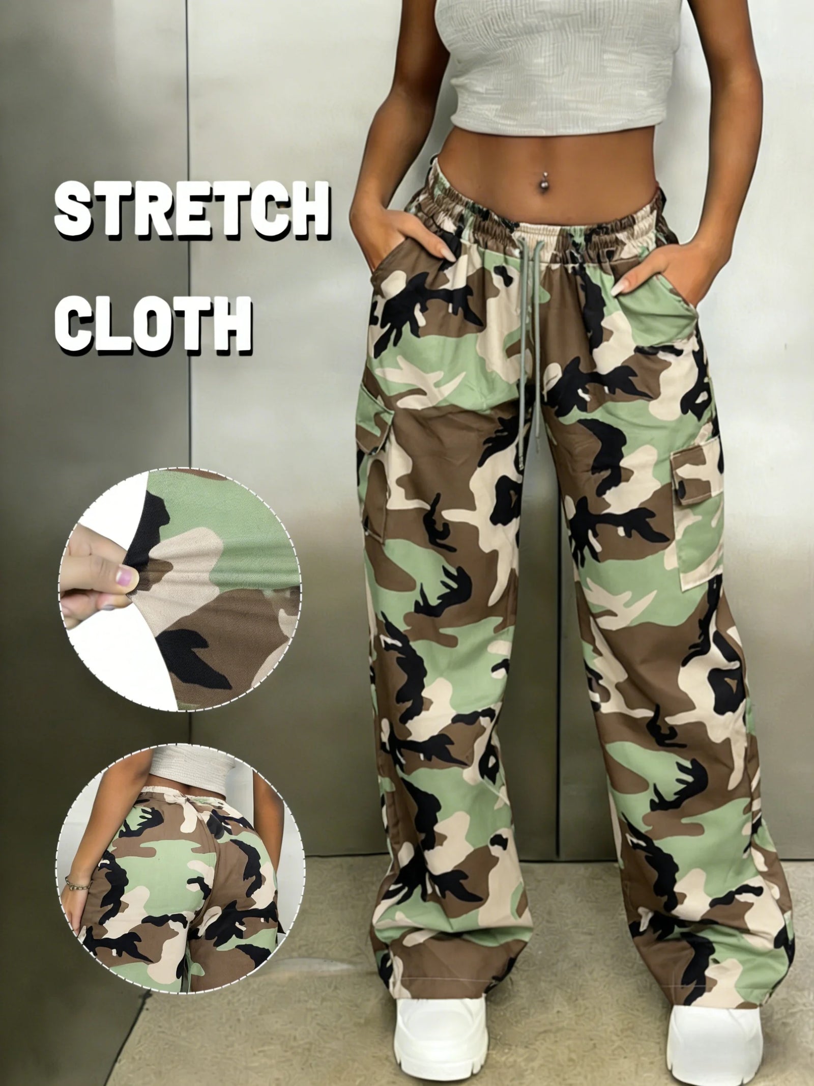 Women's Wide Leg Cargo Pants with Stretch Waist and Side Pockets