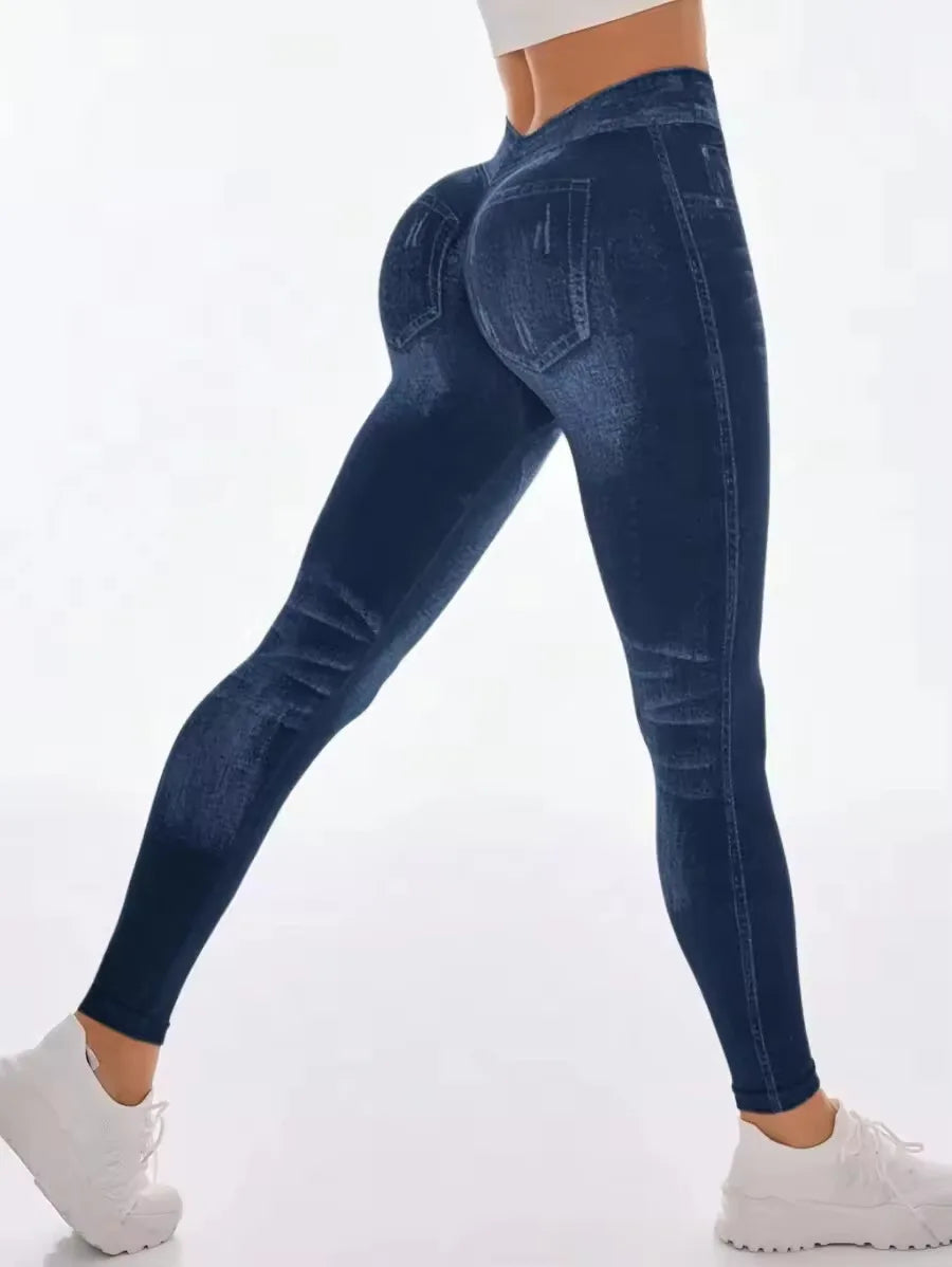 Women's Denim Look Full Length Leggings For Workout Outfits
