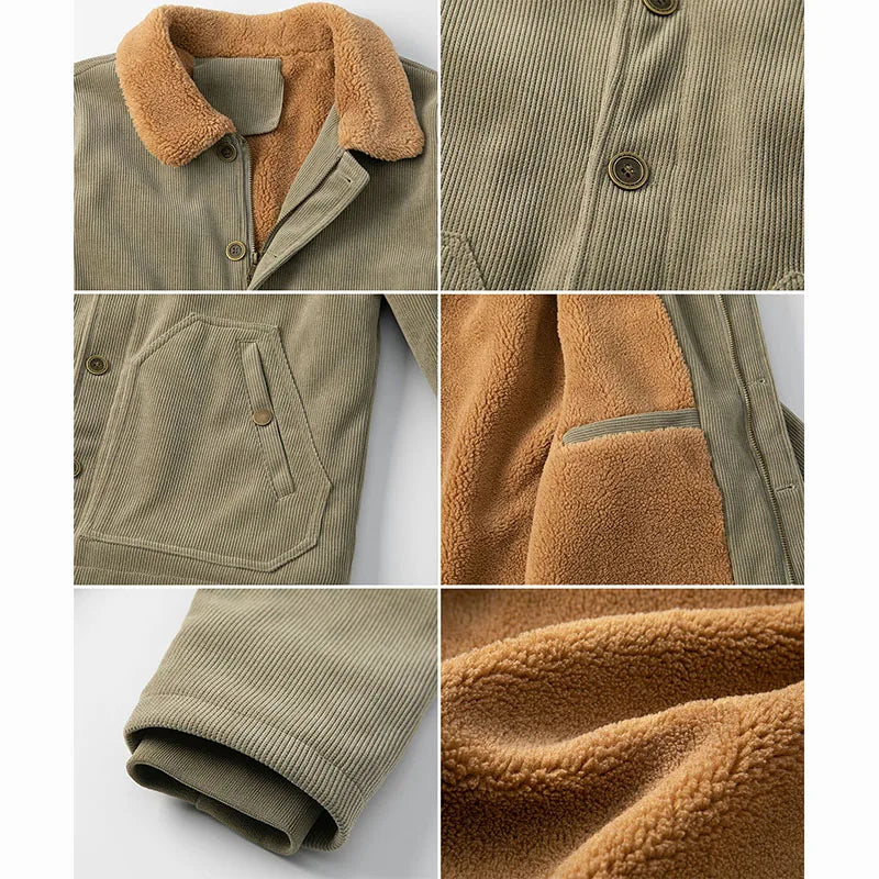 Men's Winter Corduroy Jacket Warm Fleece Lined Cargo Work Coat Casual Thick Sherpa Collar Trucker Deck Navy Jackets