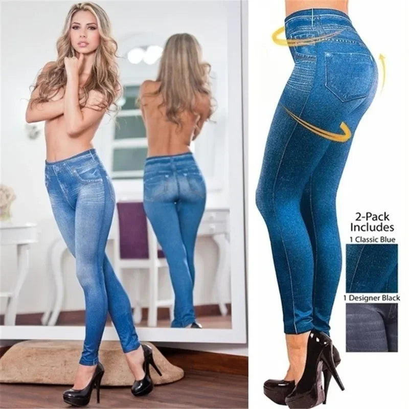 Women's Denim Look Full Length Leggings For Workout Outfits