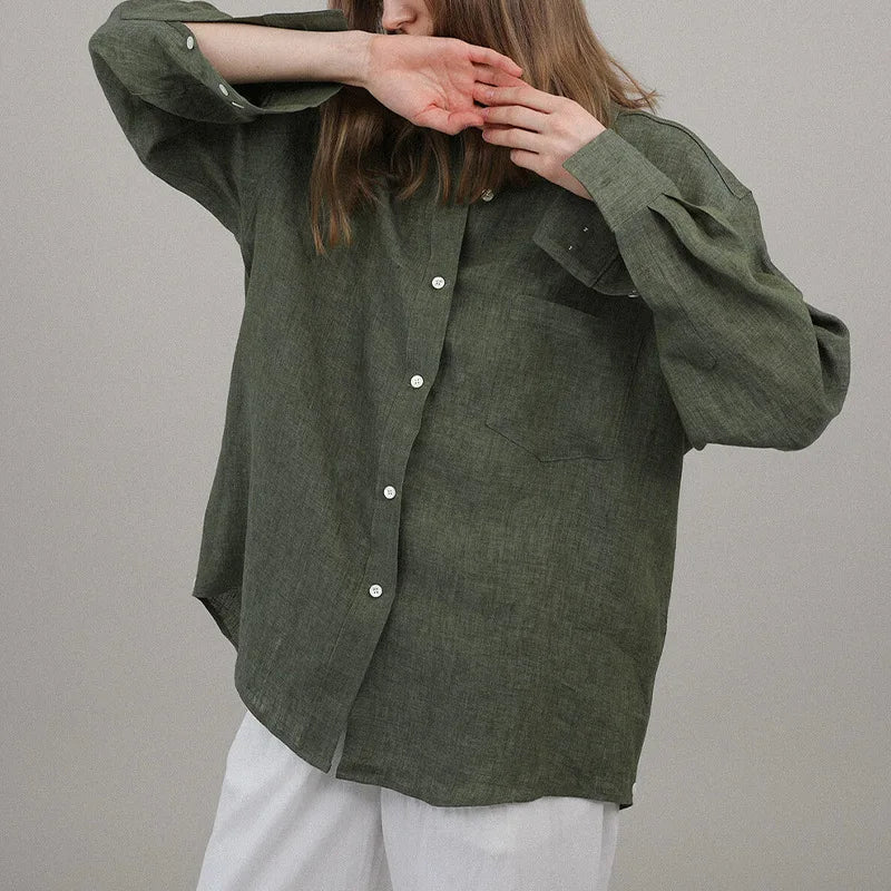 Women's Linen Long-Sleeve Loose Collared Button-Up Shirt for Casual Summer Everyday Outfits