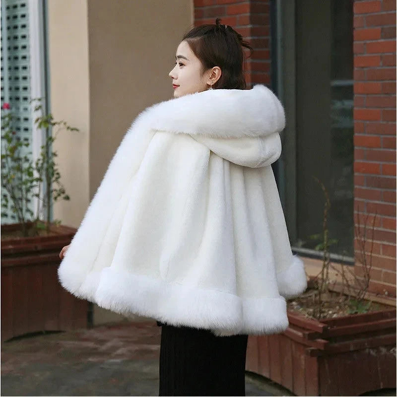 Plush Trim Hooded Cape for Layering over Outfits