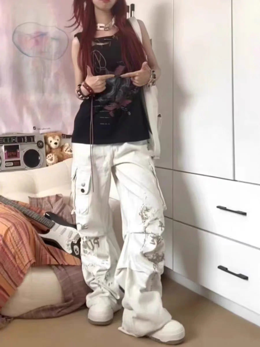 Women's Off White Wide Leg Cargo Pants with Layered Pocket Details
