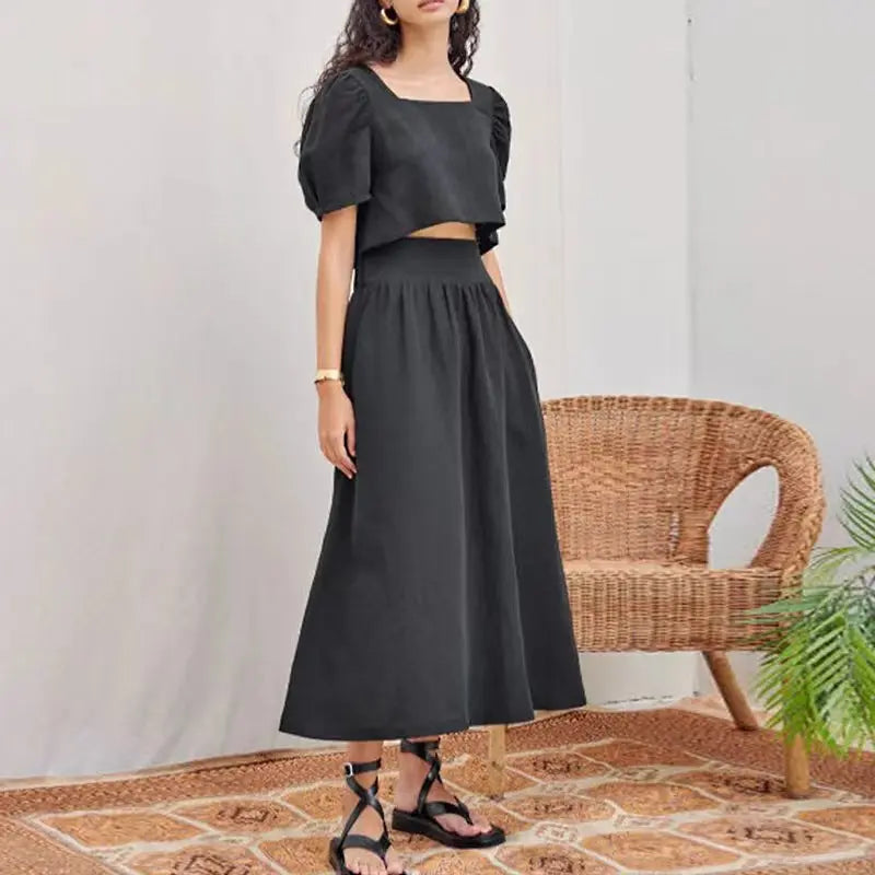 Women's Cotton-Linen Square-Neck Cropped Blouse with Short Puff Sleeves for Summer Outfits