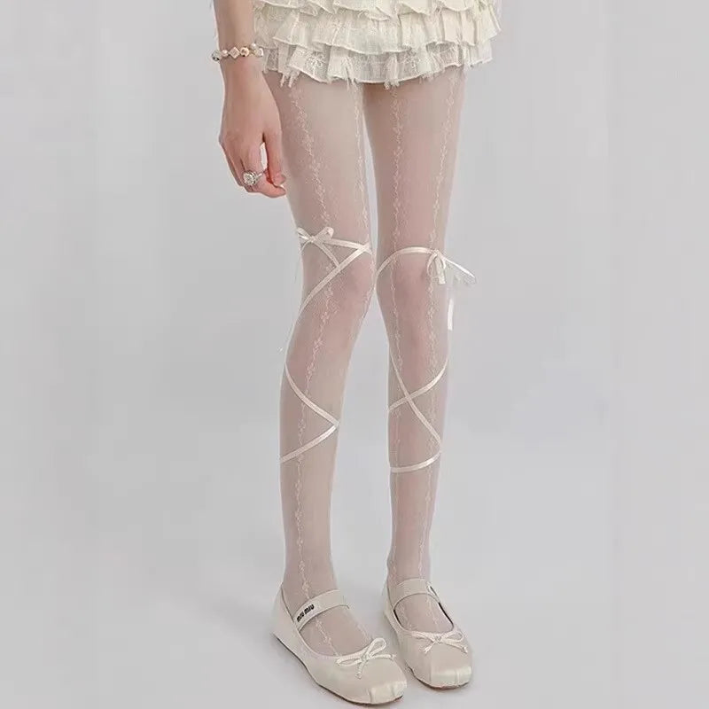 Sheer Lace Up Stockings with Decorative Ribbon Tie Details