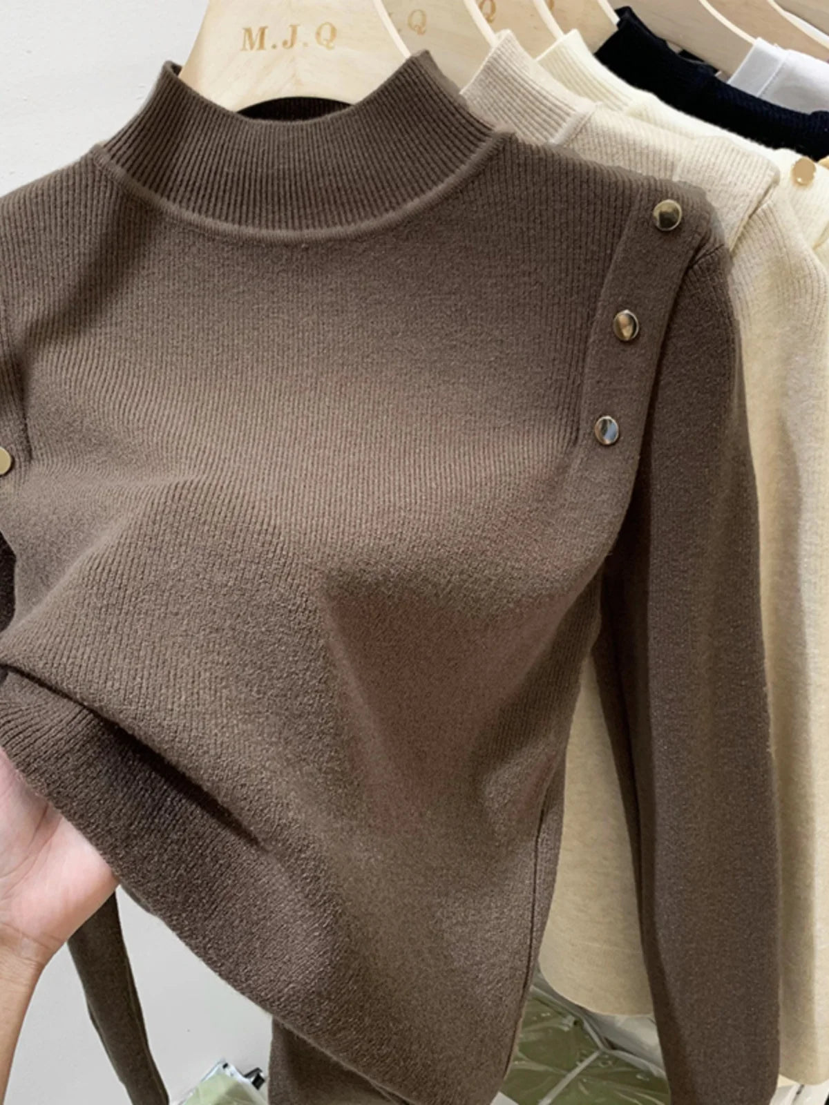 Women's Turtleneck Shoulder Button Sweater Casual Knit Layer