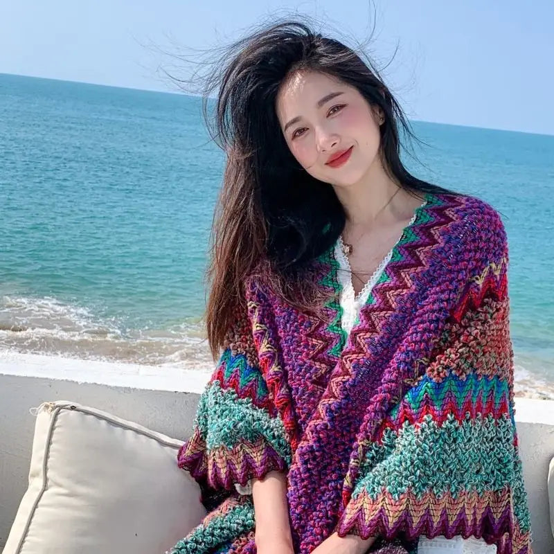 Zigzag Knit Fringe Poncho for Layering over Outfits