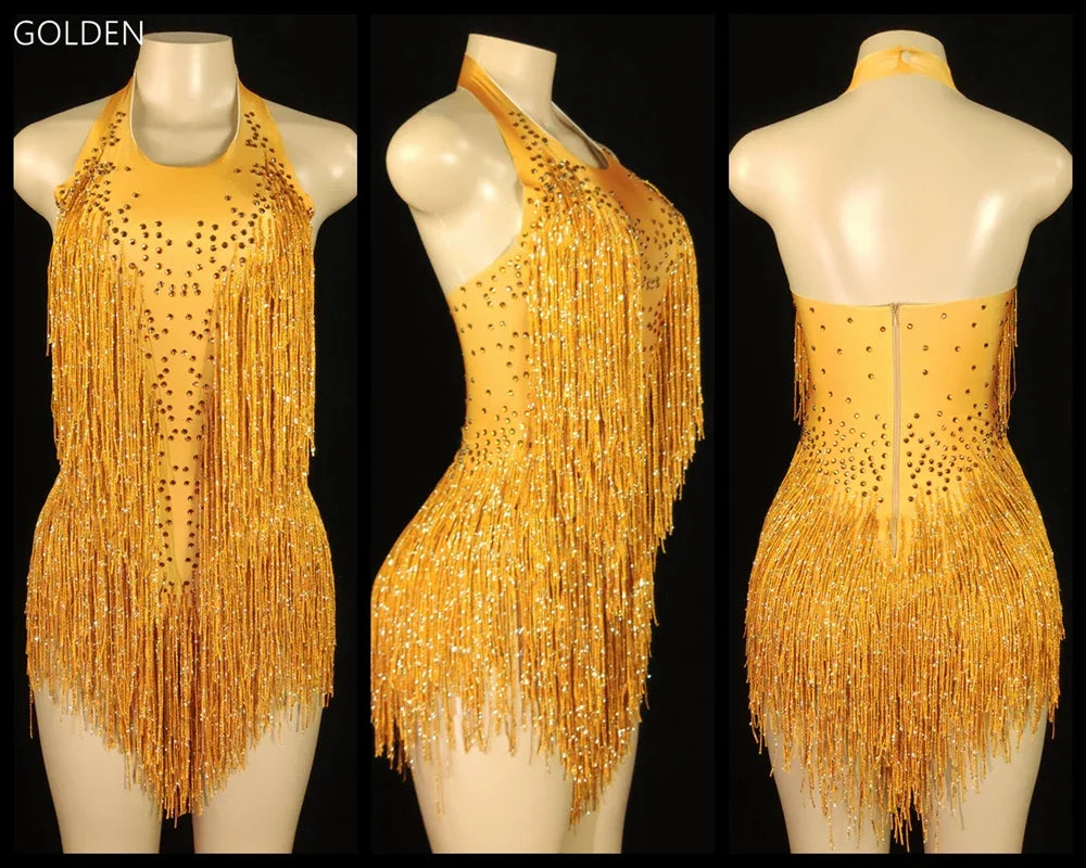 Women's Rhinestone Fringe Halter Dance Bodysuit for Stage Costume Outfits