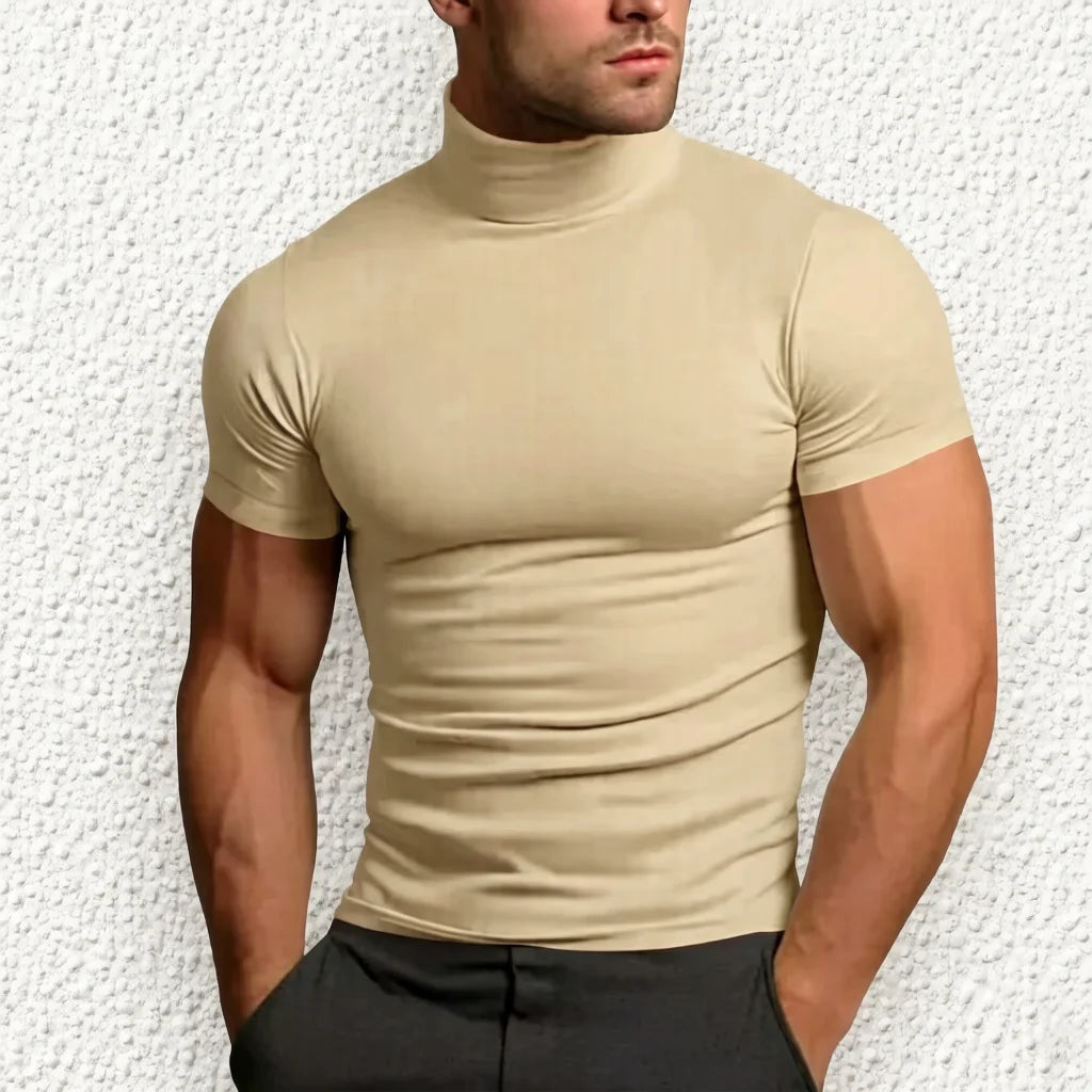 Solid Mock Neck Short Sleeve Fitted Compression T Shirt