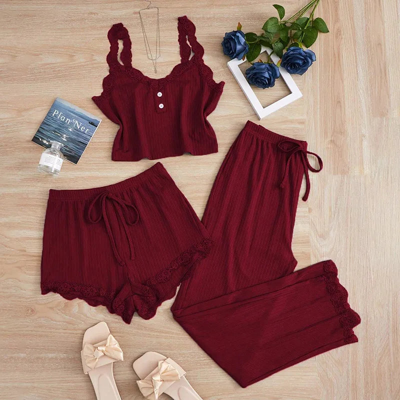 Women's Lace Trim Cami Three Piece Pajama Set with Shorts and Pants
