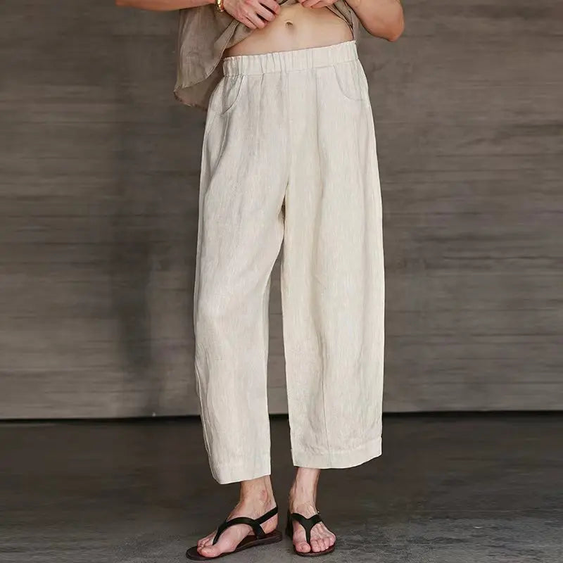 Women's Linen Loose Straight-Leg Ankle-Length Pants with Elastic Waist and Practical Pockets
