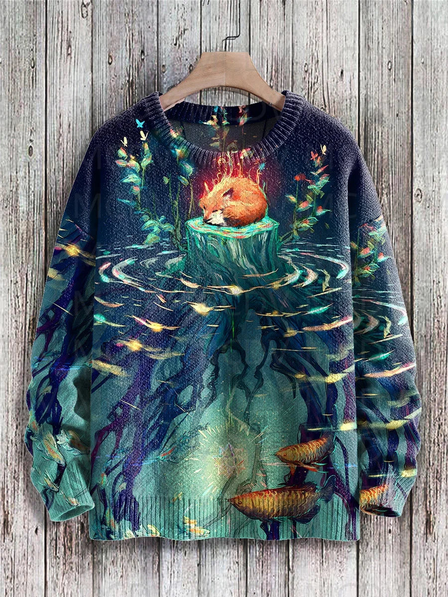 Japanese Art-Print Crewneck Knit Sweater