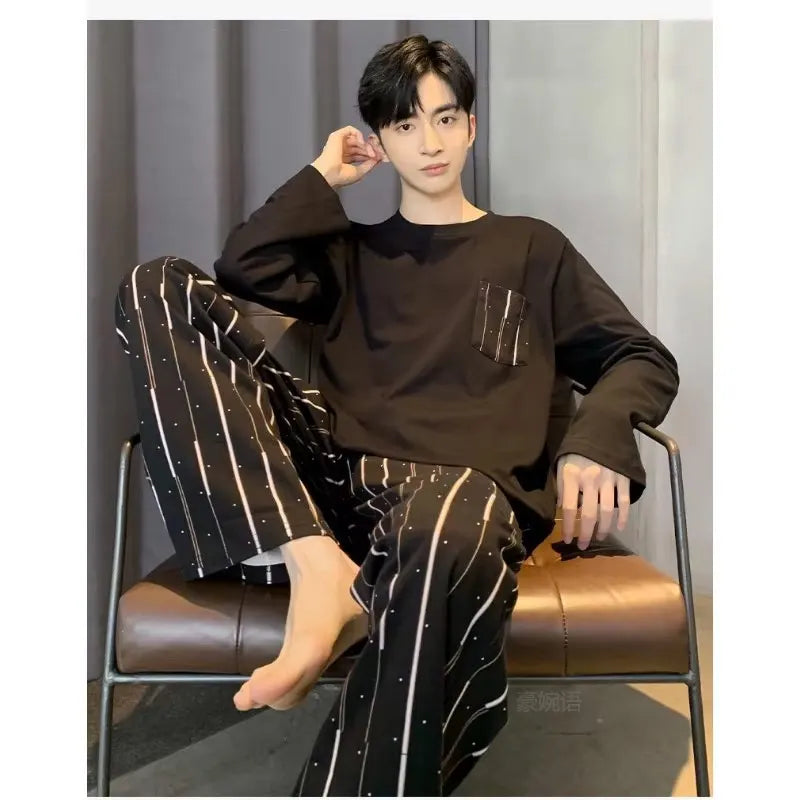Men's Long Sleeve Pocket Top and Striped Pants Pajama Set