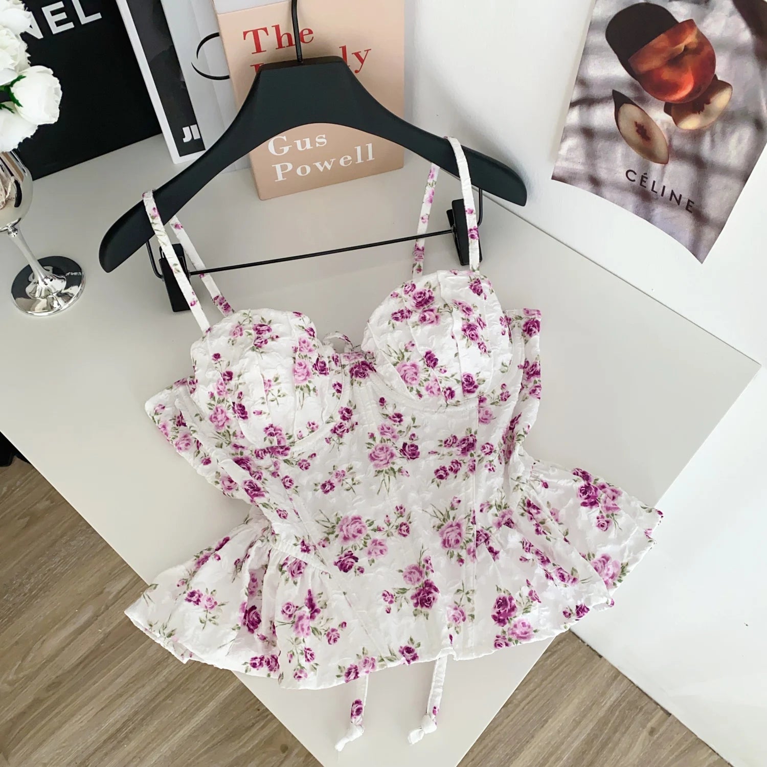 Women's Floral Print Crop Top with Ruffle Details and Cropped Length