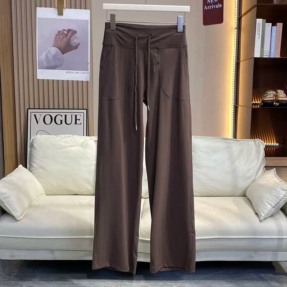 Women's Drawstring Waist Nylon Blend Wide Leg Pants with Side Pockets