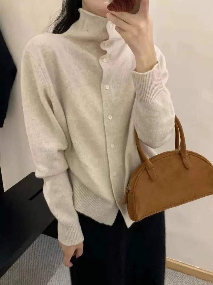 French-style high-neck 100 pure cashmere knitted cardigan for women's autumn and winter loose sweater with wool base coat