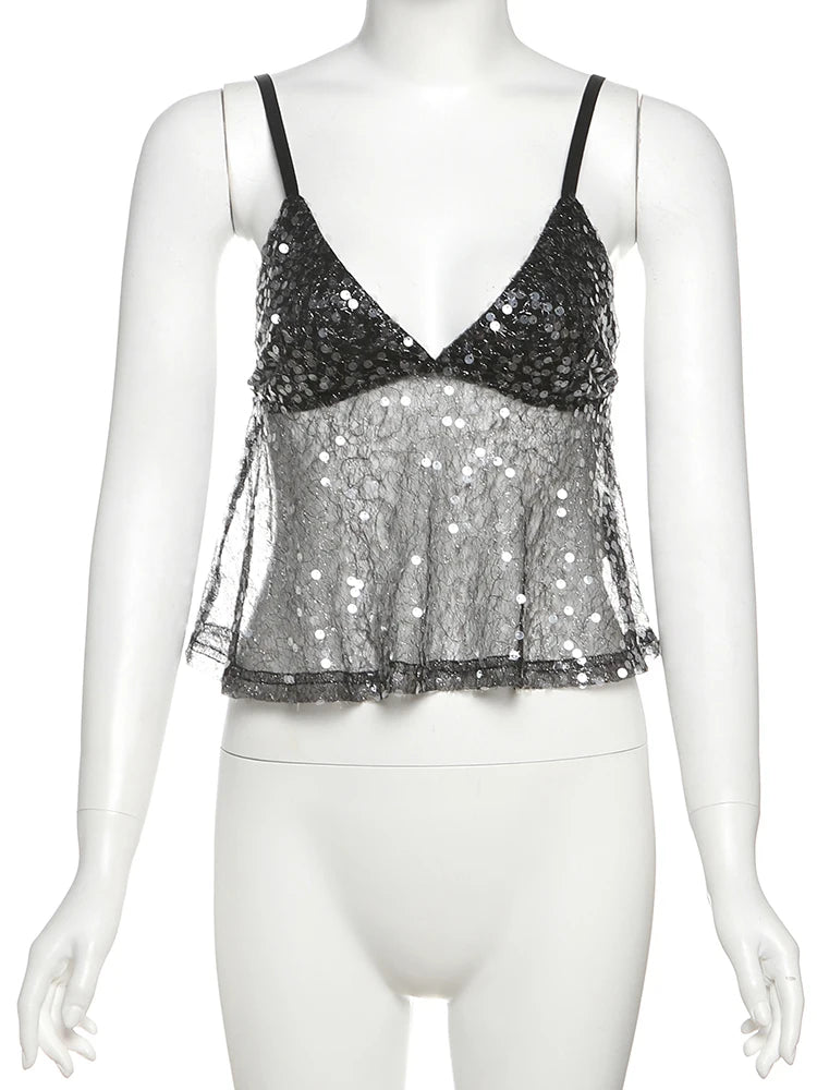 Women's Sequin Mesh Camisole with a V Neckline and Sleeveless Design