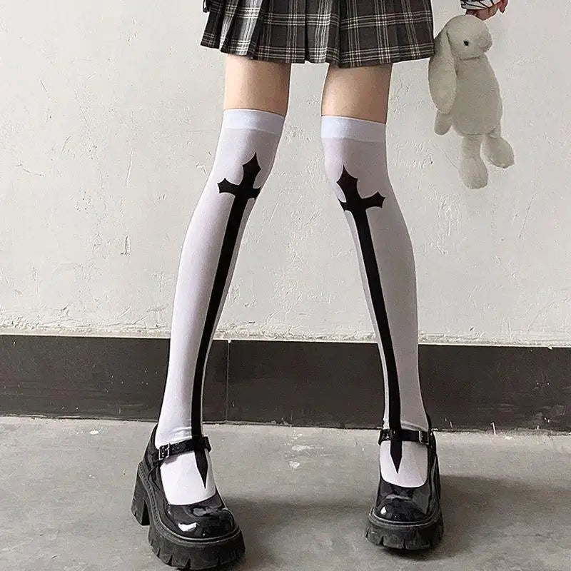 Cross Pattern Thigh High Stockings with Contrasting Cuff Design