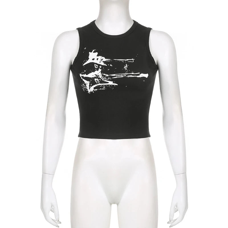 Women's Guitar Print Polyester Blend Crop Tank Top with Round Neck