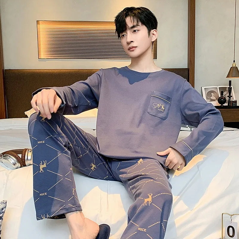 Men's Printed Long Sleeve Crew Neck Top and Pants Pajama Set