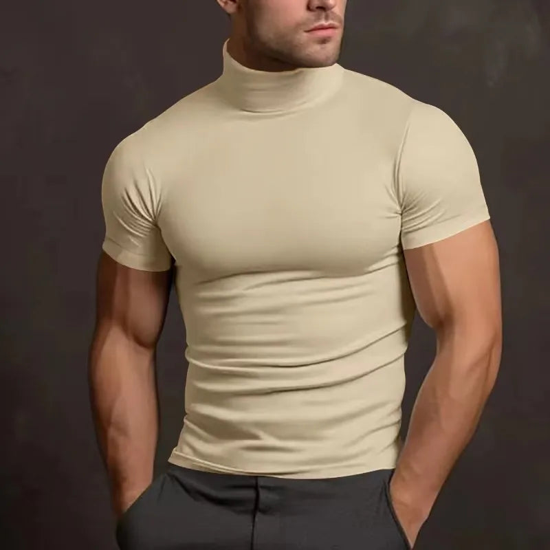Solid Mock Neck Short Sleeve Fitted Compression T Shirt