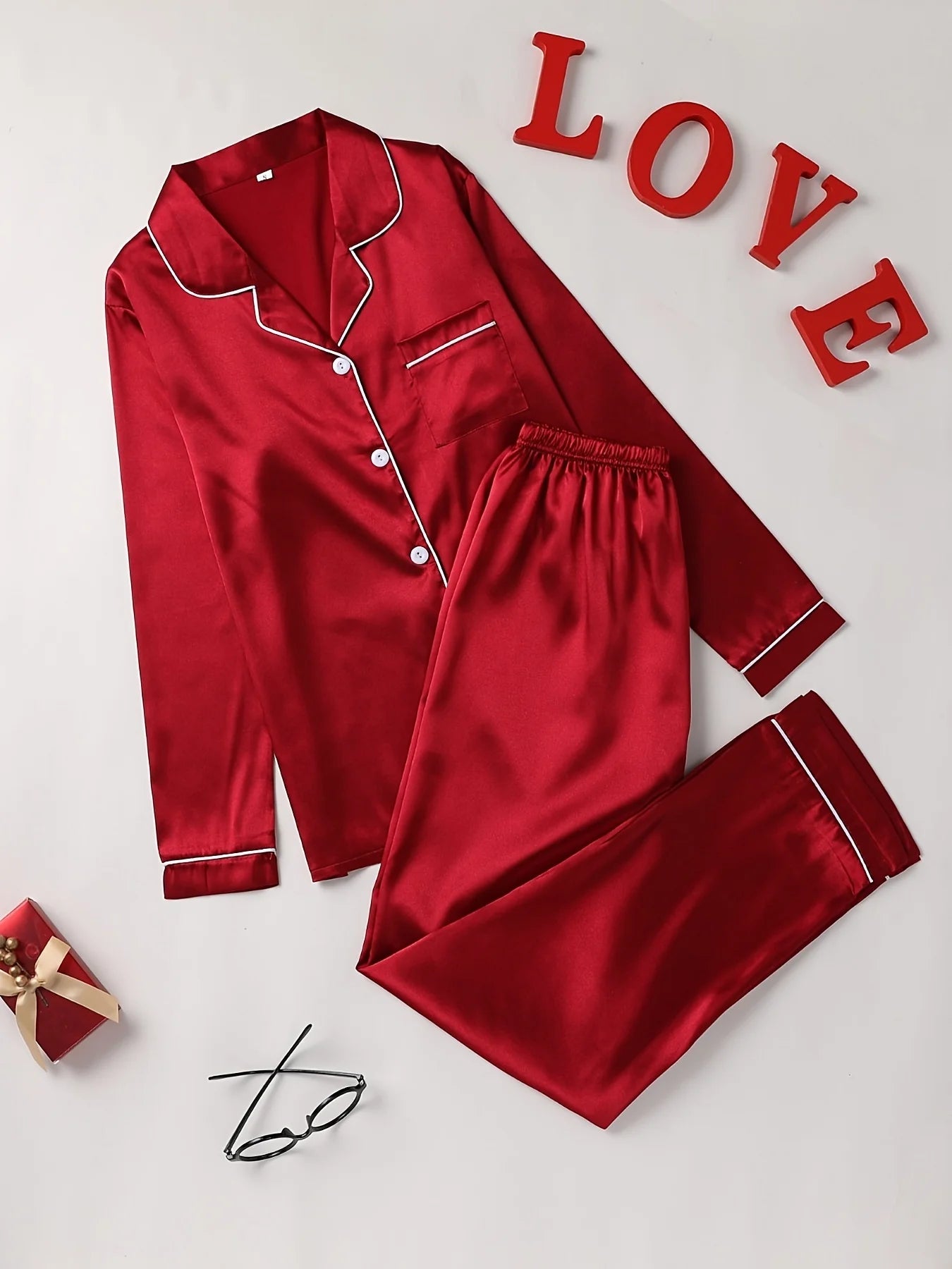 Women's Piped Button Front Long Sleeve Pajama Set with Top and Pants