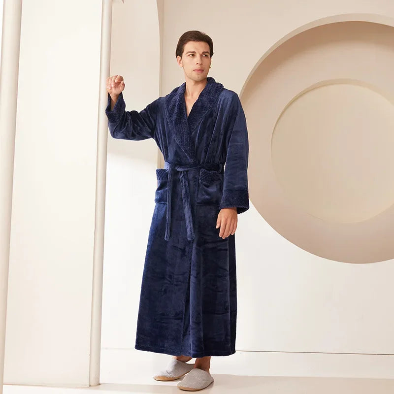 Long Flannel Fleece Tie Waist Bathrobe with Pockets