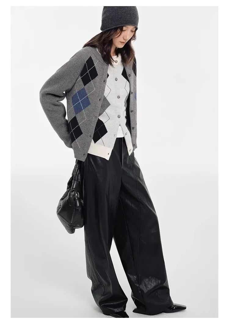 Autumn diamond-shaped cardigan women 100 pure cashmere sweater European high-end color-blocking knitted sweater coat