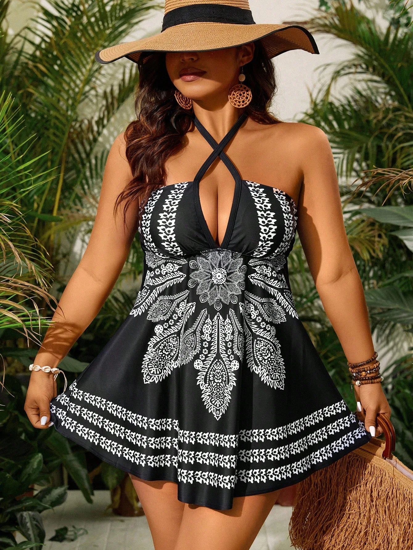 Women's Printed Cross Strap Halter Skirted Swimdress Bathing Suit