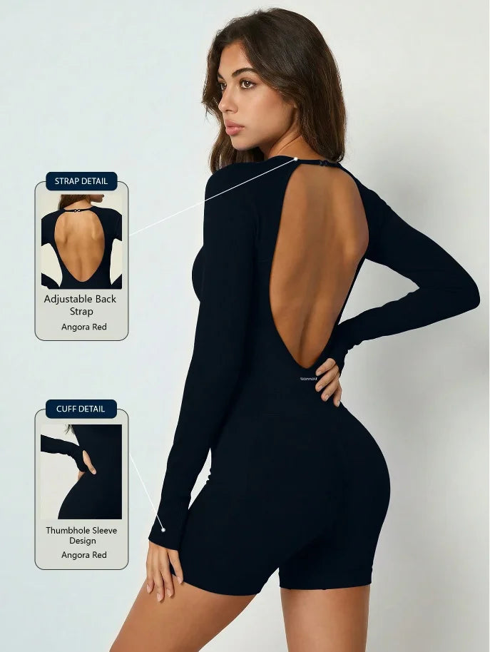 Women's Open Back Long Sleeve Nylon Blend Romper for Workouts