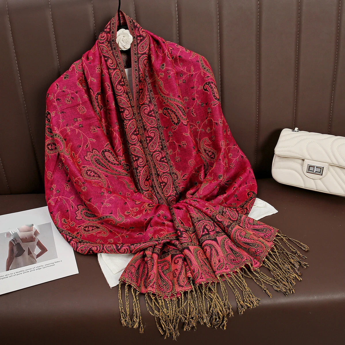 Paisley Floral Print Long Scarf with Fringed Ends