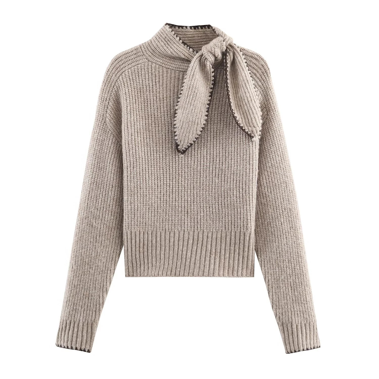 Women's Tie Neck Long Sleeve Knit Sweater Casual Knit Layer