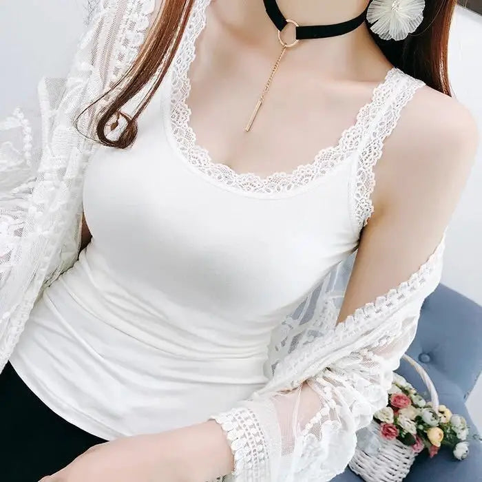 Women's Fitted Camisole with Spaghetti Straps and Lace Trim at the Neckline