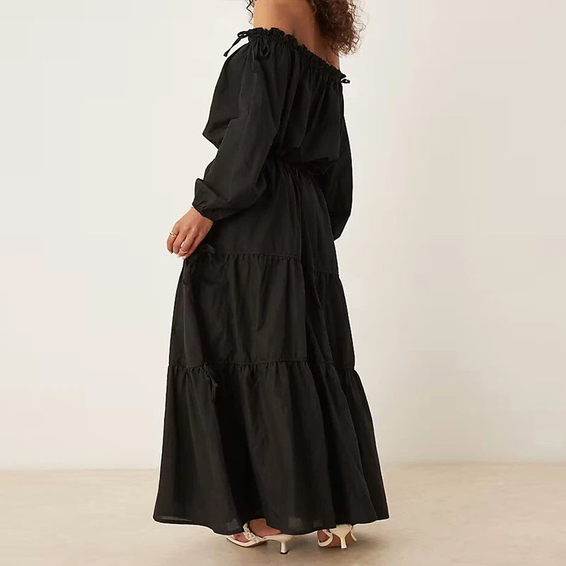 Women's Cotton-Linen Off-Shoulder Top and Tiered Maxi Skirt Set with Tie Details