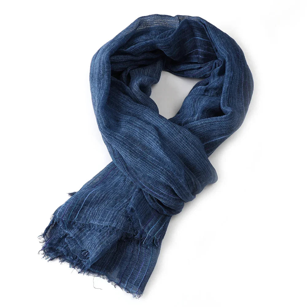 Striped Long Scarf with Decorative Frayed End Trim